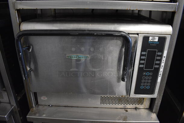 2 FANTASTIC! 2013 Turbochef Model NGCD6 Tornado Stainless Steel Commercial Countertop Electric Powered Rapid Cook Ovens on Stainless Steel Commercial 2 Tier Equipment Stand w/ Commercial Casters. See Pictures For Damage To Top / Bottom Door. 208/240 Volts, 1 Phase. 30x30x60. 2 Times Your Bid! Tested and Working! - Image 6 of 10