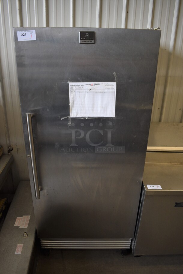 NICE! 2013 Kelvinator Model KFS220RHY2 Stainless Commercial Single Door Reach In Freezer w/ Poly Coated Racks on Commercial Casters. 115 Volts, 1 Phase. 32x28x75. Tested and Working!
