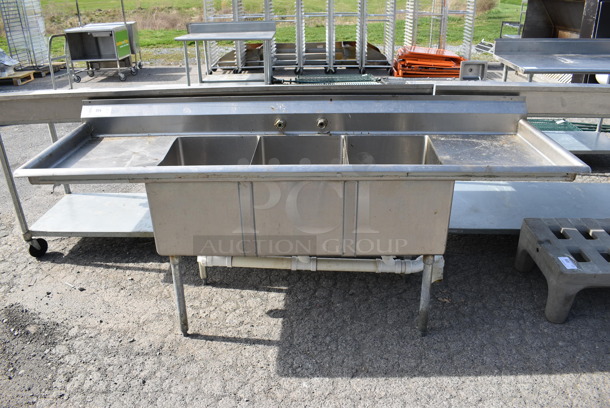 Stainless Steel Commercial 3 Bay Sink w/ Dual Drainboards. 87x27x40. Bays 16x21x13. Drainboards 18x23x2