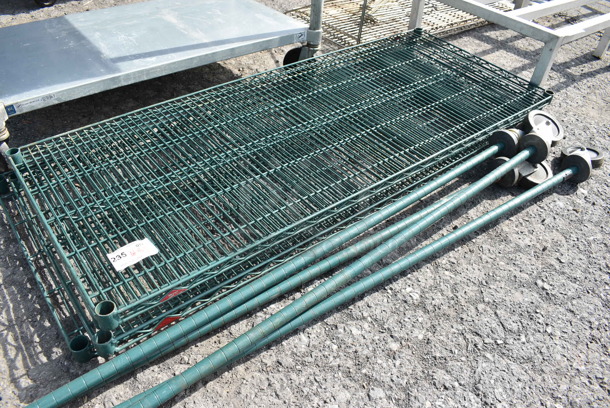 ALL ONE MONEY! Lot of 4 Green Finish Metro Style Shelves w/ 4 Green Finish Poles on Commercial Casters! 60x24x1.5, 80" - Image 1 of 3