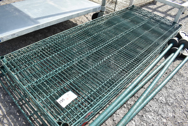 ALL ONE MONEY! Lot of 4 Green Finish Metro Style Shelves w/ 4 Green Finish Poles on Commercial Casters! 60x24x1.5, 80" - Image 2 of 3