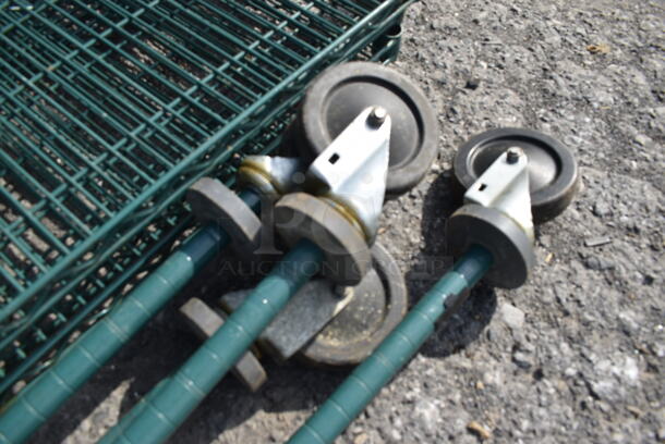 ALL ONE MONEY! Lot of 4 Green Finish Metro Style Shelves w/ 4 Green Finish Poles on Commercial Casters! 60x24x1.5, 80" - Image 3 of 3