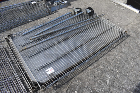 ALL ONE MONEY! Lot of 4 Chrome Finish Metro Style Shelves w/ 4 Poles; 2 on Commercial Casters. 48x30x1.5, 43", 37"