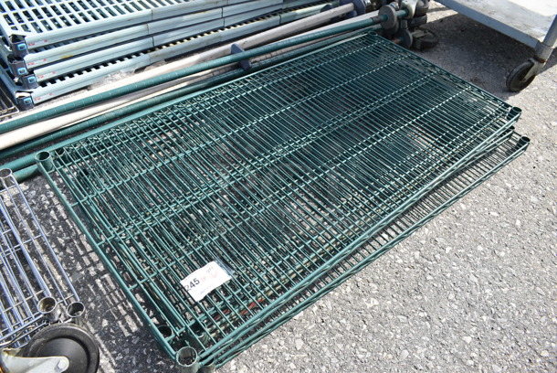 ALL ONE MONEY! Lot of 4 Green Finish Metro Style Shelves w/ 4 Poles on Commercial Casters. 48x24x1.5, 80