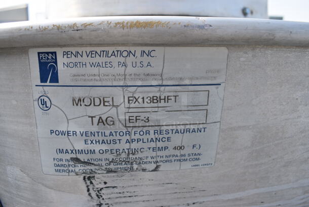 Penn Ventilation Model FX13BHFT Metal Commercial Rooftop Mushroom Exhaust Fan. 208-230/460 Volts, 3 Phase. 36x36x36 - Image 6 of 7
