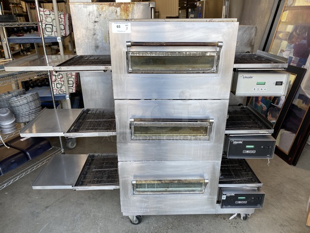 3 GORGEOUS! Lincoln Impinger Model 1132-002-U-K1841 Stainless Steel Commercial Electric Powered Conveyor Pizza Oven on Commercial Casters. 120/208 Volts, 3 Phase. 70x40x62. 3 Times Your Bid!