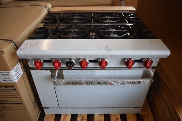 BRAND NEW! American Range Model AR-6 Stainless Steel Commercial Propane Gas Powered 6 Burner Range w/ Oven. Comes w/ Stainless Steel Backsplash and Overshelf. 36x33x30