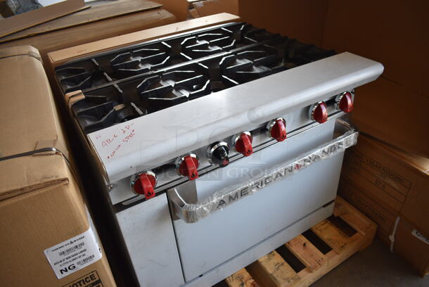 BRAND NEW! American Range Model AR-6 Stainless Steel Commercial Propane Gas Powered 6 Burner Range w/ Oven. Comes w/ Stainless Steel Backsplash and Overshelf. 36x33x30 - Image 2 of 12