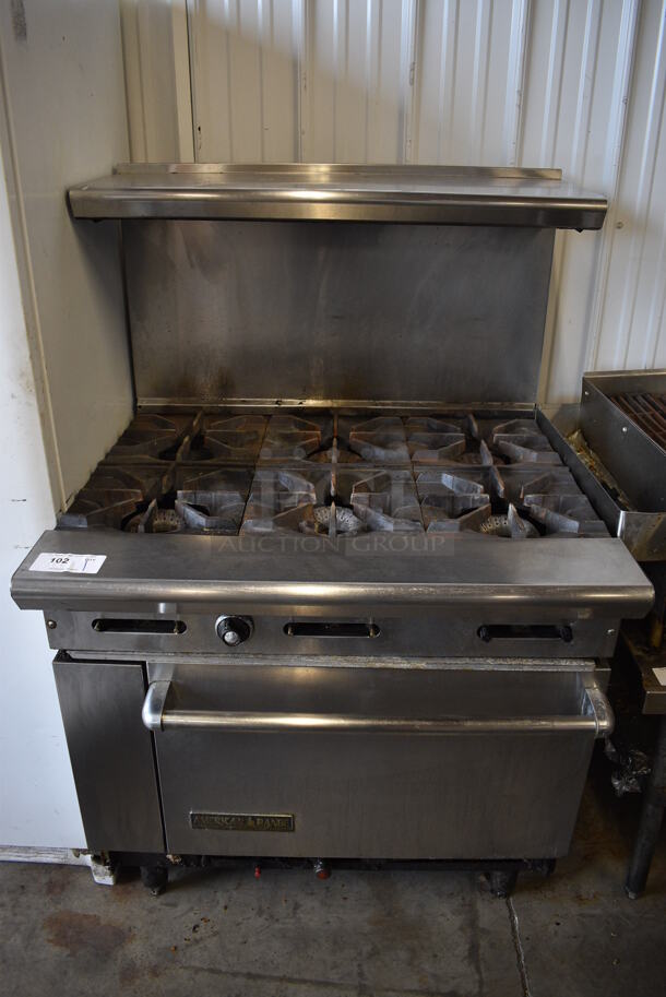 WOW! American Range Stainless Steel Commercial Natural Gas Powered 6 Burner Range w/ Oven and Overshelf. 36x33x57
