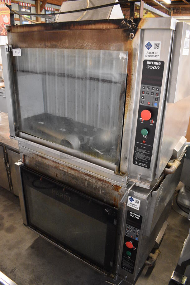 2 STUNNING! 2011 Hardt Model Inferno 3500 Stainless Steel Commercial Natural Gas Powered Rotisserie Ovens on Commercial Casters. Each Oven Has a 40 Bird Capacity. 76,000 BTU. 52x48x89. 2 Times Your Bid!