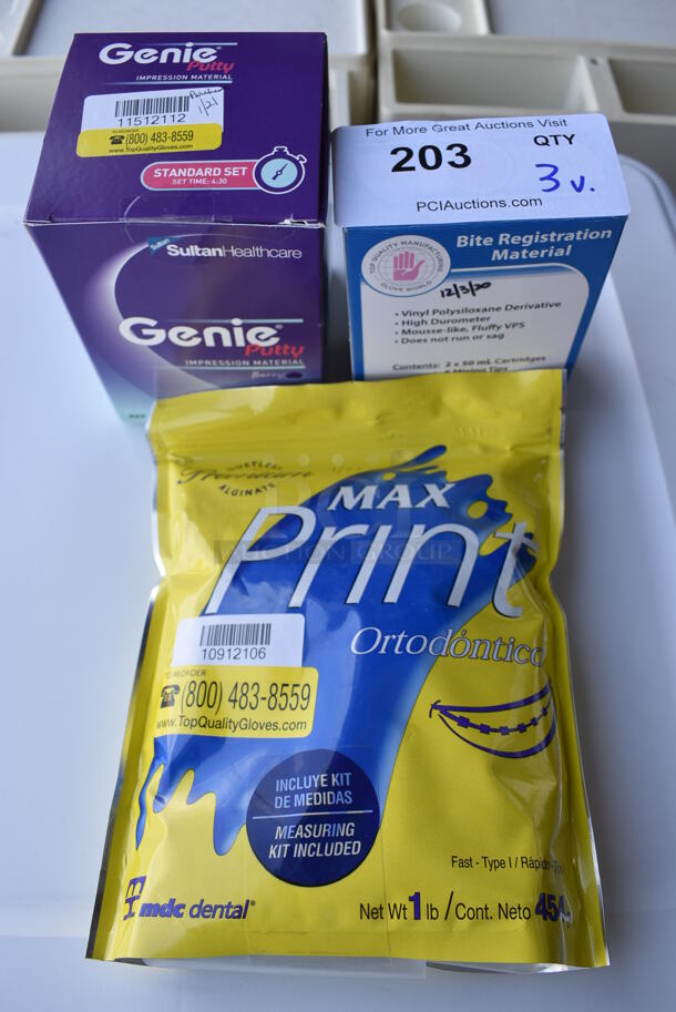 3 Various Items; 1 Box of Genie Putty, 1 Box of Bite Registration Material and 1 Bag of Max Print Orthodontic. 3 Times Your Bid!