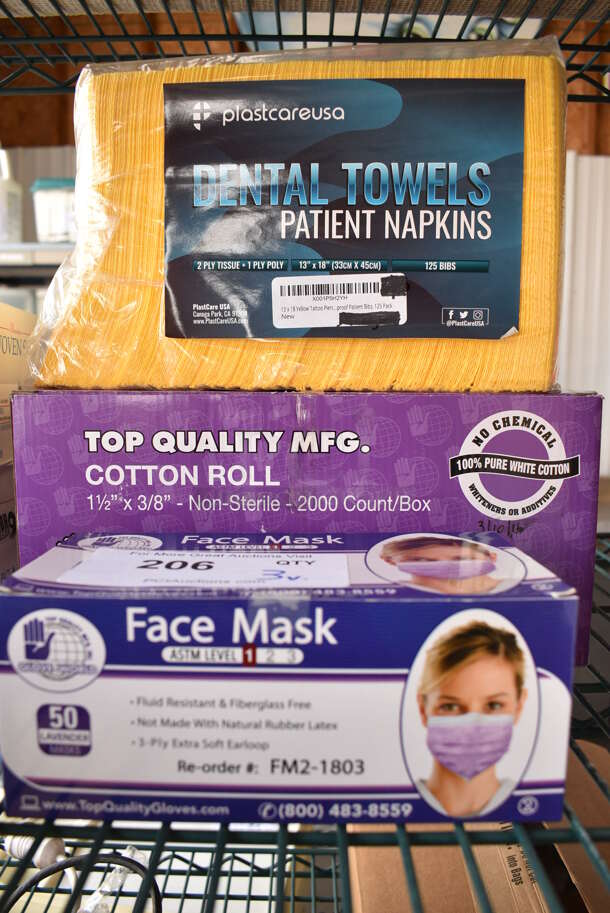 3 Various Items; 1 Box of Disposable Face Mask, 1 Box of Cotton Roll and 1 Package of Dental Towels. 3 Times Your Bid!