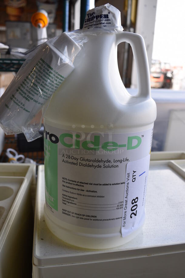 Jug of ProCide-D Glutaraldehyde Dialdehyde Solution. 6x6x12