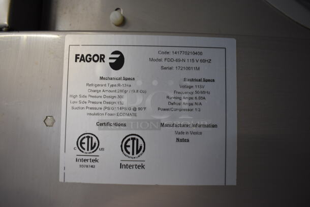 BRAND NEW! 2017 Fagor Model FDD-69-N Stainless Steel Commercial 2 Door Back Bar Cooler w/ Beer Tower. 115 Volts, 1 Phase. 69.5x29x37. Tested and Working! - Image 8 of 11
