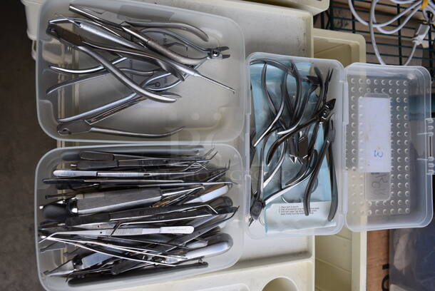 3 Poly Bins of Dental Tools Including Pliers and Probes. 8.5x5x2.5 and 8.5x5x1.5. 3 Times Your Bid!