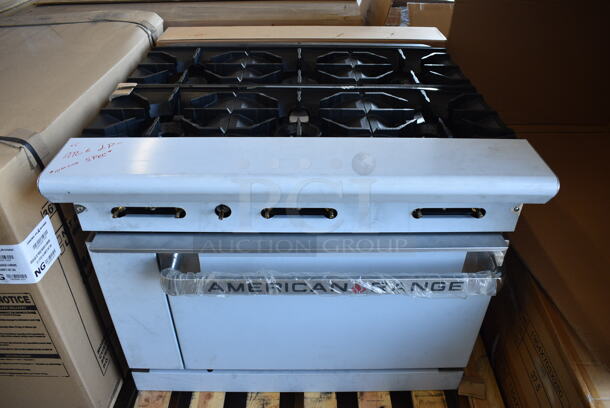 BRAND NEW! American Range Model AR-6 Stainless Steel Commercial Propane Gas Powered 6 Burner Range w/ Oven. Comes w/ Stainless Steel Backsplash and Overshelf. 36x33x30 - Image 3 of 12