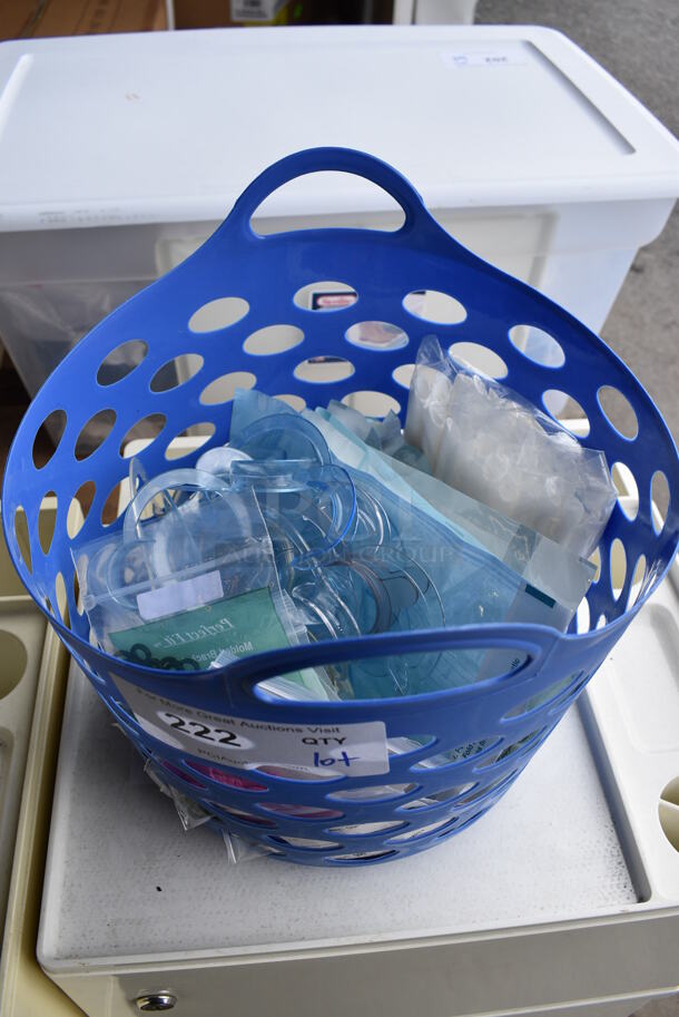 ALL ONE MONEY!  Lot of Various Items Including Ploy Tubes, Molder Bracket Ties and Extraoral Cheek Retractors in Blue Poly Bin. 11x12x9