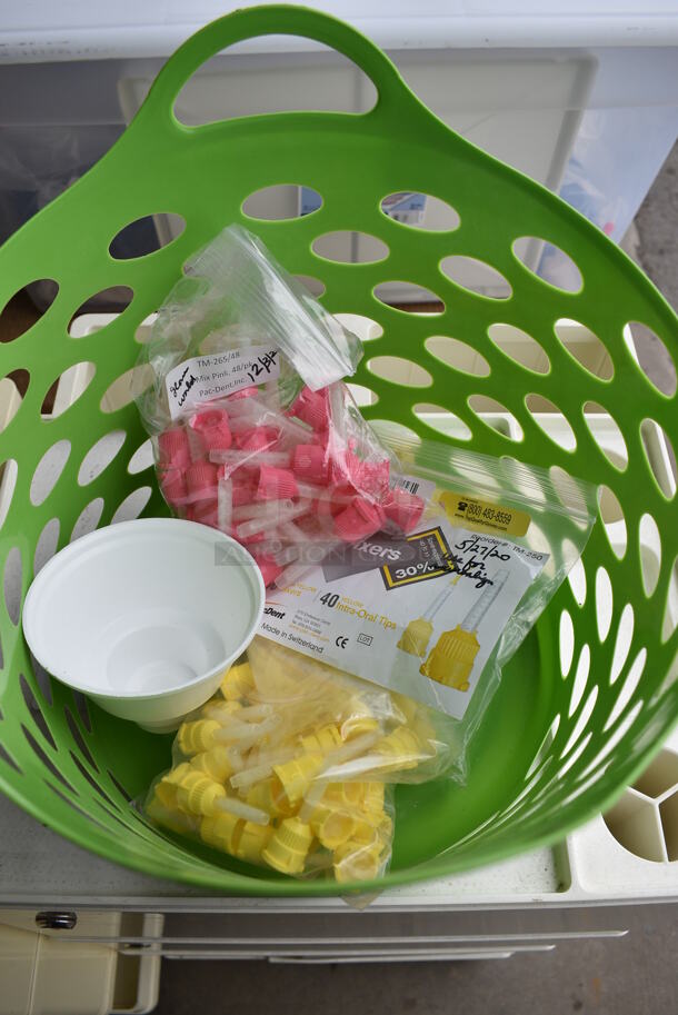 ALL ONE MONEY! Lot of Various Items Including Intra-Oral Tip Mixers in Green Poly Bin. 11x12x9