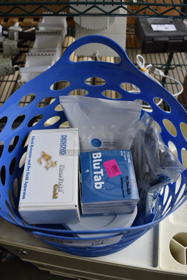 ALL ONE MONEY! Lot of Various Items Including Aligner Chews and Cheek Retractor in Blue Poly Bin. 11x12x9