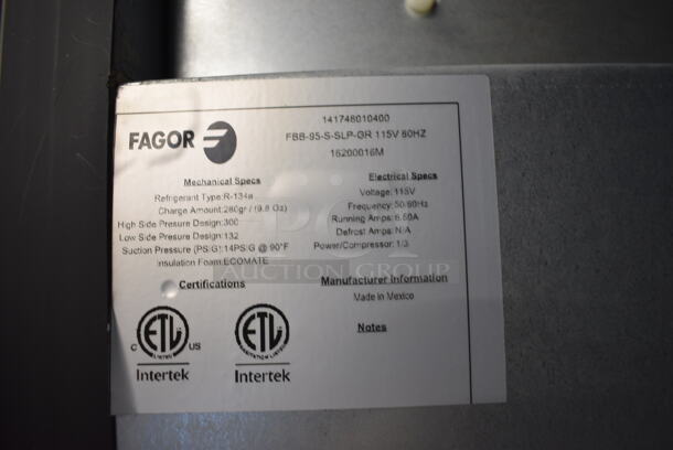 BRAND NEW! 2016 Fagor Model FBB-95-S-SLP-GR Stainless Steel Commercial 3 Door Undercounter Cooler. 115 Volts, 1 Phase. 95.5x29x37. Tested and Working! - Image 6 of 10