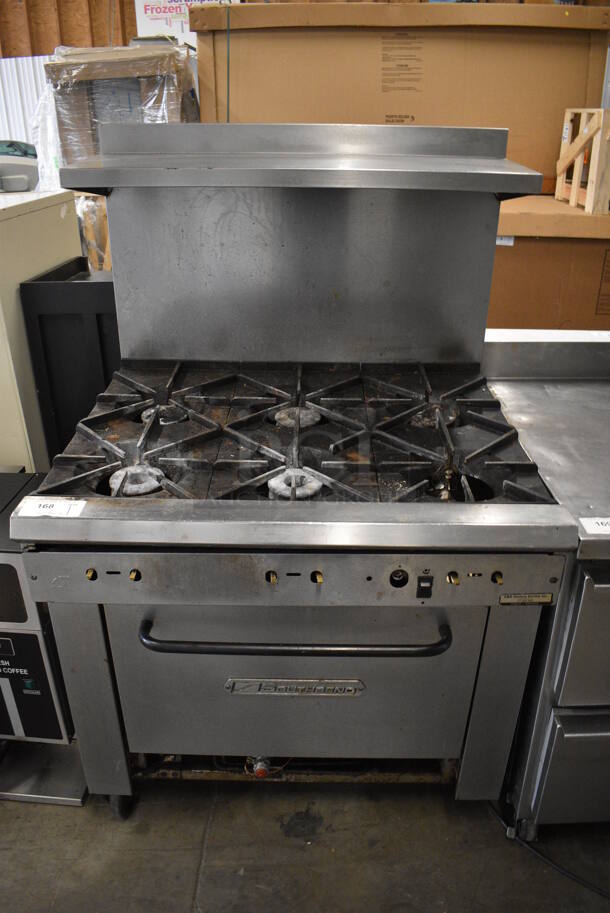WOW! Southbend Stainless Steel Commercial Natural Gas Powered 6 Burner Range w/ Lower Convection Oven and Overshelf on Commercial Casters. For Parts. 36.5x33x60