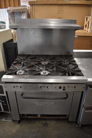 WOW! Southbend Stainless Steel Commercial Natural Gas Powered 6 Burner Range w/ Lower Convection Oven and Overshelf on Commercial Casters. For Parts. 36.5x33x60
