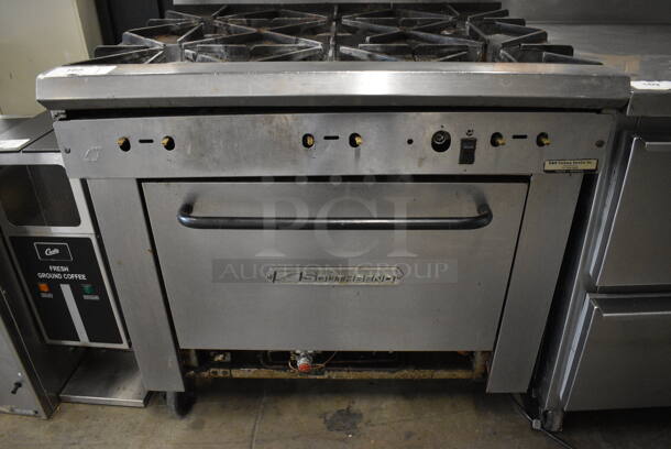WOW! Southbend Stainless Steel Commercial Natural Gas Powered 6 Burner Range w/ Lower Convection Oven and Overshelf on Commercial Casters. For Parts. 36.5x33x60 - Image 2 of 7