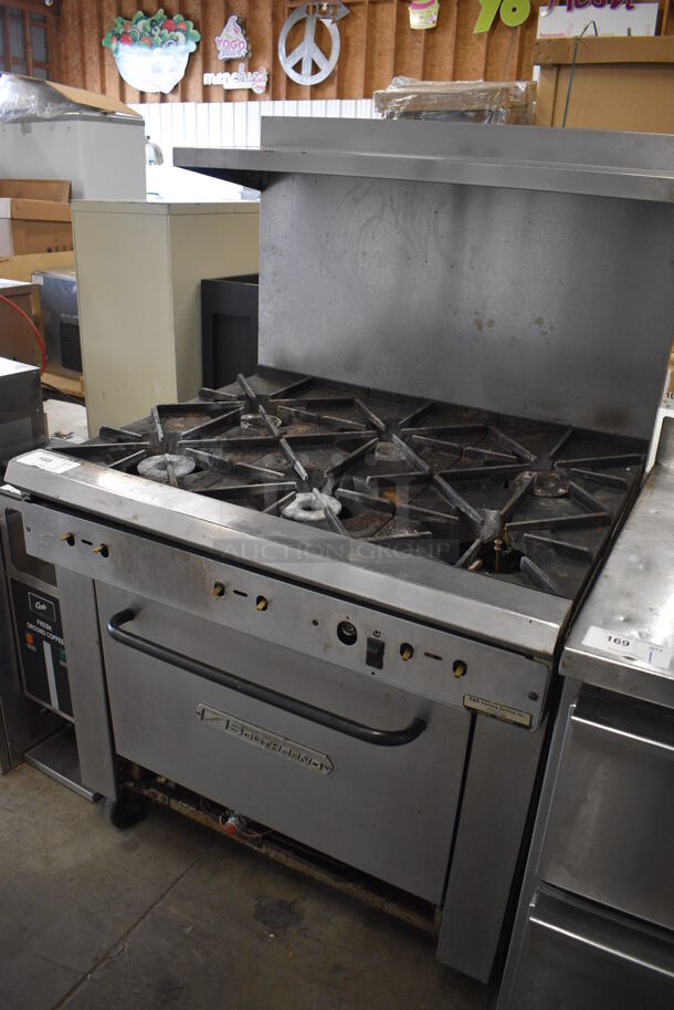 WOW! Southbend Stainless Steel Commercial Natural Gas Powered 6 Burner Range w/ Lower Convection Oven and Overshelf on Commercial Casters. For Parts. 36.5x33x60 - Image 4 of 7