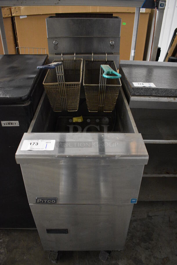 WOW! Pitco Frialator Model SG14 Stainless Steel Commercial Propane Gas Powered Deep Fat Fryer w/ 2 Metal Fry Baskets on Commercial Casters. 110,000 BTU. 15.5x34x46