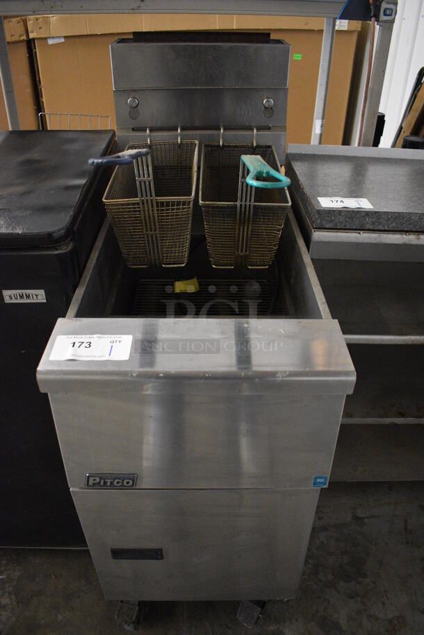 WOW! Pitco Frialator Model SG14 Stainless Steel Commercial Propane Gas Powered Deep Fat Fryer w/ 2 Metal Fry Baskets on Commercial Casters. 110,000 BTU. 15.5x34x46 - Image 1 of 6
