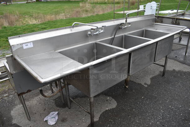 Stainless Steel Commercial 3 Bay Sink w/ Dual Drainboards, 2 Handles and Faucets. 114x30x43. Bays 24x24x14. Drainboards 16x26x2