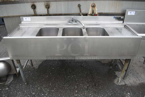 Stainless Steel Commercial 3 Bay Back Bar Sink w/ Dual Drainboards, Faucets and Handles. 60x22x34. Bays 10x14x9. Drainboards 12x16x1