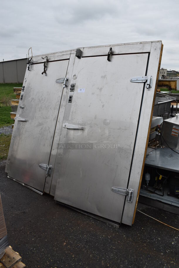 2 WOW! Walk In Boxes That Make Up One Combo Walk In Box w/ Stainless Steel Doors, Copeland Model CF06K6E-PFV-270 208/230 Volts, 1 Phase Compressor, Trenton Model TEHA008E6-HS2B-B 208-230 Volts, 1 Phase Condenser, Heatcraft Model LET090BK 208-230 Volts, 1 Phase Condenser and Bohn Model BHT019L6BF 208-230 Volts, 1 Phase Condenser. Cooler: 12.5'x7.5'x7.5'. Freezer 12.5'x7.5'x7.5'. Freezer Has Floor, Cooler Does Not Have Floor. 2 Times Your Bid!