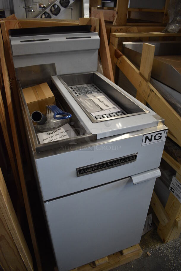 BRAND NEW! American Range Model AF-25DS Stainless Steel Commercial Floor Style Natural Gas Powered Deep Fat Fryer w/ Metal Basket and Dumping Station. 40,000 BTU. 18x31x41 - Image 5 of 8
