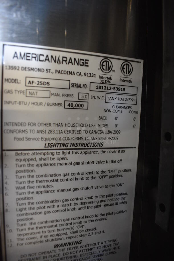 BRAND NEW! American Range Model AF-25DS Stainless Steel Commercial Floor Style Natural Gas Powered Deep Fat Fryer w/ Metal Basket and Dumping Station. 40,000 BTU. 18x31x41 - Image 8 of 8
