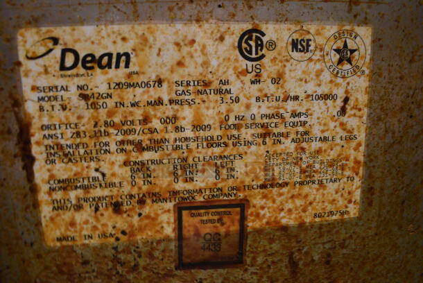 NICE! 2010 Dean Model SR42GN Stainless Steel Commercial Floor Style Natural Gas Powered Deep Fat Fryer. 105,000 BTU. 15.5x30x47 - Image 6 of 6