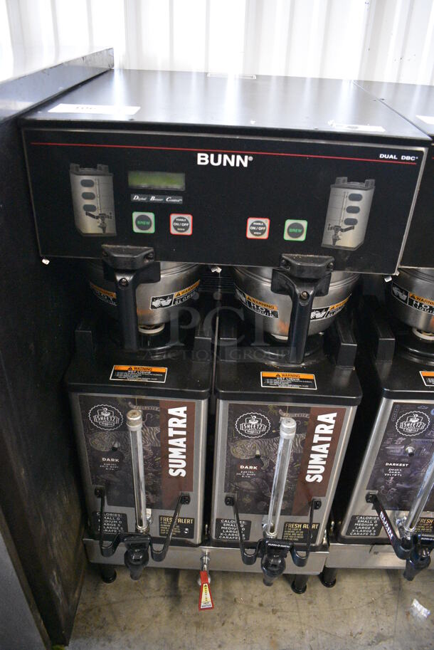 NICE! 2012 Bunn Model DUAL SH DBC Stainless Steel Commercial Countertop Dual Coffee Machine w/ Hot Water Dispenser, 2 Bunn Model SH SERVER Satellite Servers and 2 Metal Brew Baskets. 120/208-240 Volts, 1 Phase. 18x24x37. Tested and Working!