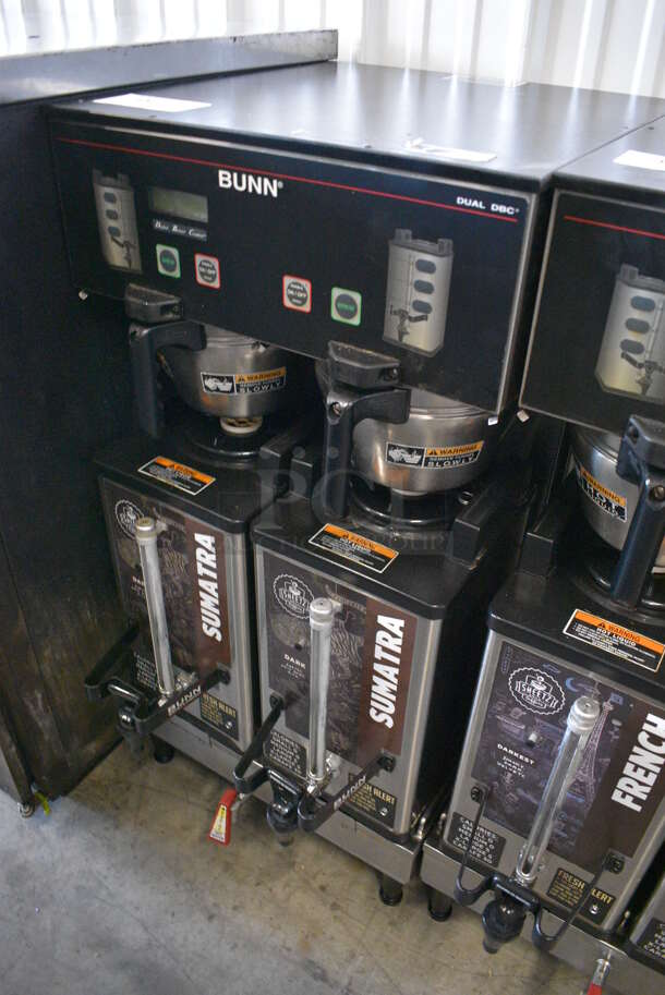 NICE! 2012 Bunn Model DUAL SH DBC Stainless Steel Commercial Countertop Dual Coffee Machine w/ Hot Water Dispenser, 2 Bunn Model SH SERVER Satellite Servers and 2 Metal Brew Baskets. 120/208-240 Volts, 1 Phase. 18x24x37. Tested and Working! - Image 3 of 6
