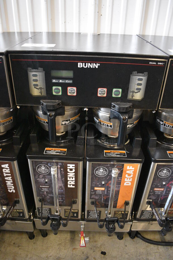 NICE! 2012 Bunn Model DUAL SH DBC Stainless Steel Commercial Countertop Dual Coffee Machine w/ Hot Water Dispenser, 2 Bunn Model SH SERVER Satellite Servers and 2 Metal Brew Baskets. 120/208-240 Volts, 1 Phase. 18x24x37. Tested and Working!