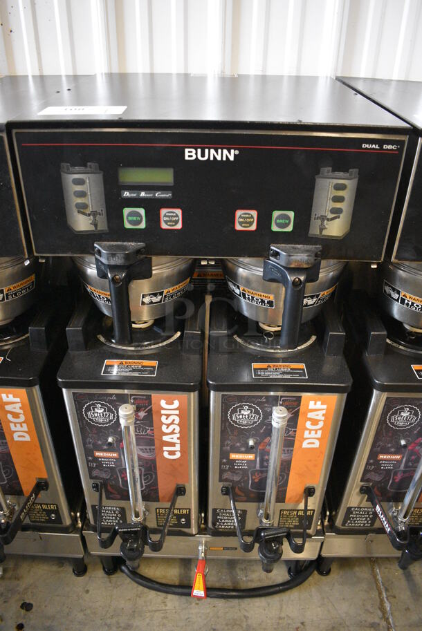 NICE! 2016 Bunn Model DUAL SH DBC Stainless Steel Commercial Countertop Dual Coffee Machine w/ Hot Water Dispenser, 2 Bunn Model SH SERVER Satellite Servers and 2 Metal Brew Baskets. 120/208-240 Volts, 1 Phase. 18x24x37. Tested and Working!