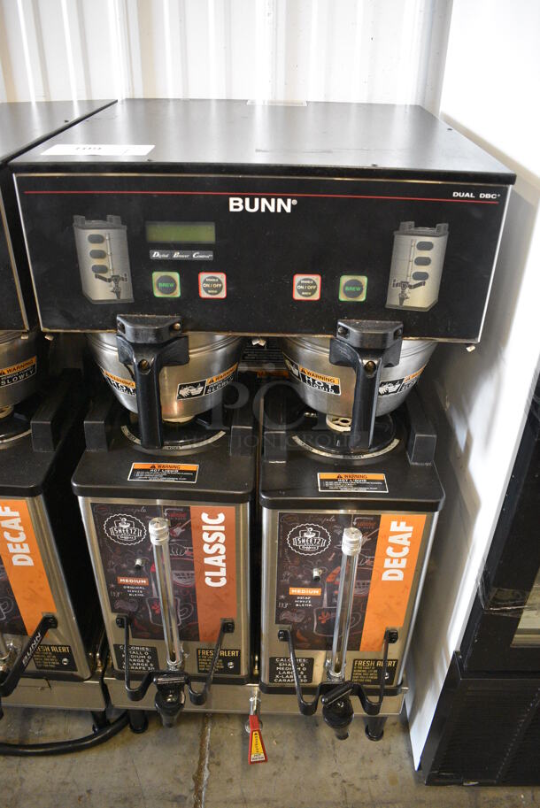 NICE! 2012 Bunn Model DUAL SH DBC Stainless Steel Commercial Countertop Dual Coffee Machine w/ Hot Water Dispenser, 2 Bunn Model SH SERVER Satellite Servers and 2 Metal Brew Baskets. 120/208-240 Volts, 1 Phase. 18x24x37. Tested and Working!