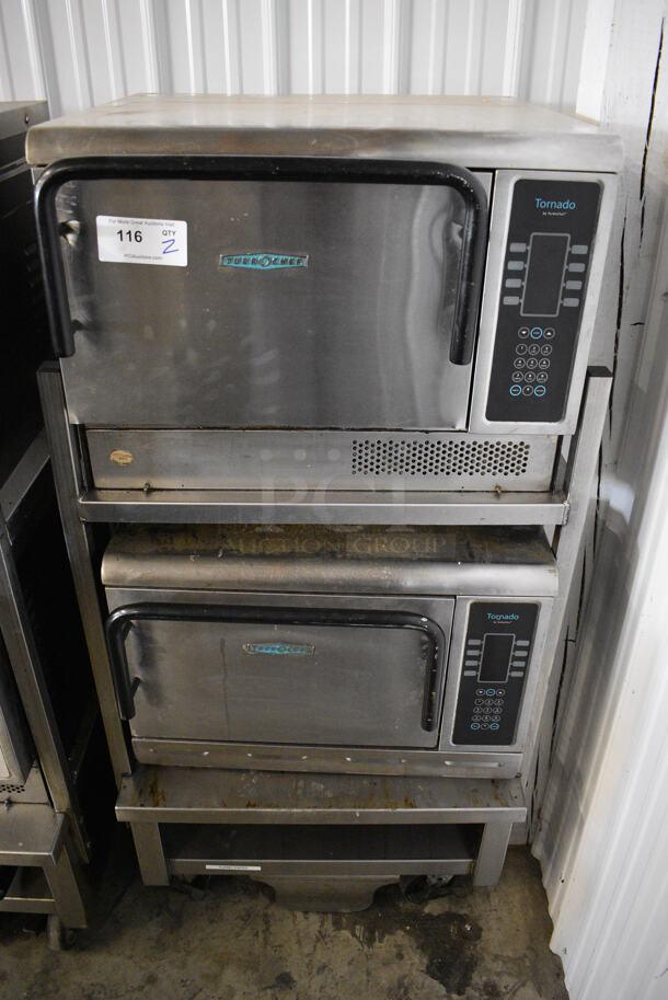 2 FANTASTIC! Turbochef Model NGCD6 Tornado Stainless Steel Commercial Countertop Electric Powered Rapid Cook Ovens on Stainless Steel Commercial 2 Tier Equipment Stand w/ Commercial Casters. Top Unit Is 2011 and Bottom Unit Is 2015. 208/240 Volts, 1 Phase. 30x30x60. 2 Times Your Bid! Tested and Working!