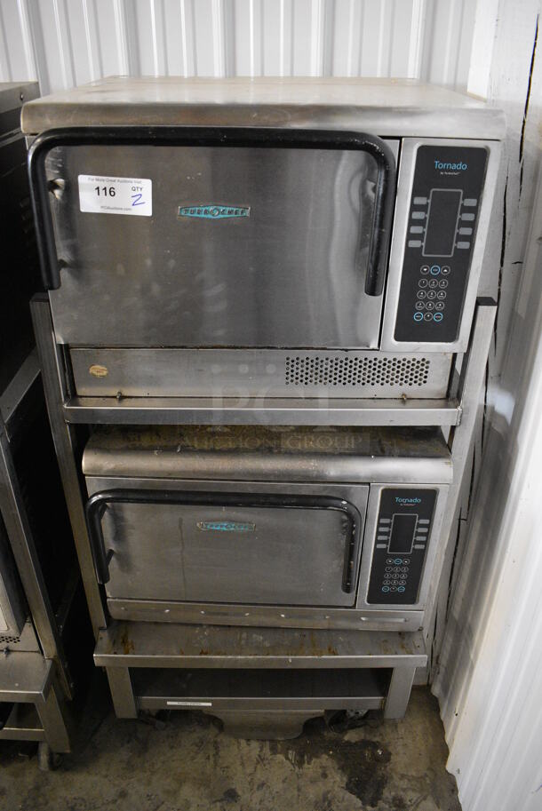 2 FANTASTIC! Turbochef Model NGCD6 Tornado Stainless Steel Commercial Countertop Electric Powered Rapid Cook Ovens on Stainless Steel Commercial 2 Tier Equipment Stand w/ Commercial Casters. Top Unit Is 2011 and Bottom Unit Is 2015. 208/240 Volts, 1 Phase. 30x30x60. 2 Times Your Bid! Tested and Working! - Image 1 of 9