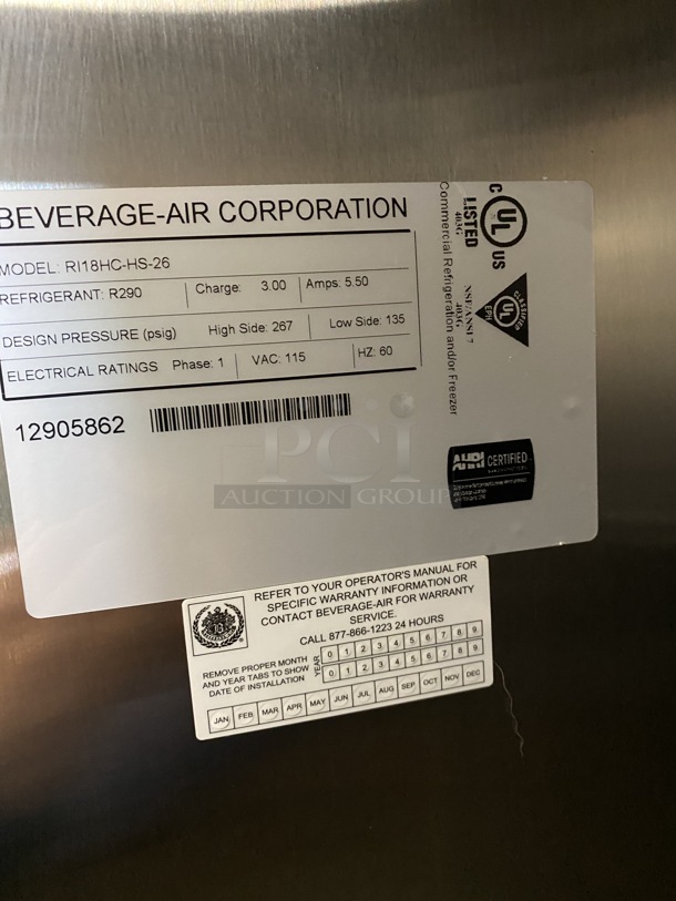 BRAND NEW! Beverage Air Model RI18HC-HS-26 Stainless Steel Commercial 2 Half Size Door Reach In Cooler. 115 Volts, 1 Phase. 26.5x30x69.5. Tested and Working! - Image 6 of 8