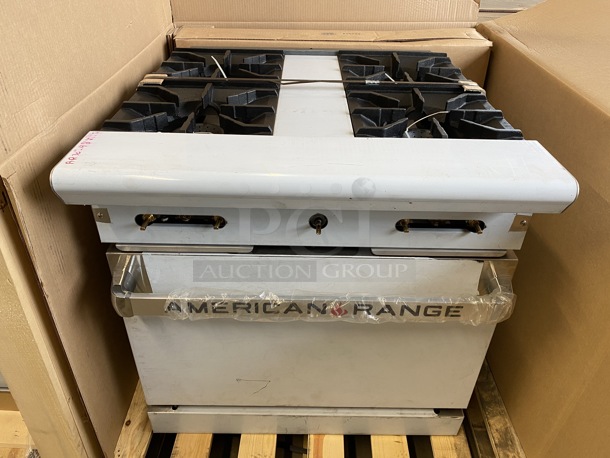 BRAND NEW! American Range Model AR30-4B Stainless Steel Commercial Propane Gas Powered 4 Burner Range w/ Oven. Comes w/ Stainless Steel Backsplash and Overshelf. 30x32x30