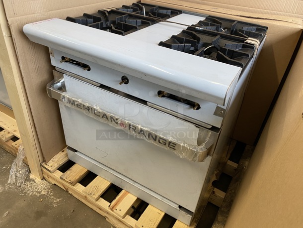 BRAND NEW! American Range Model AR30-4B Stainless Steel Commercial Propane Gas Powered 4 Burner Range w/ Oven. Comes w/ Stainless Steel Backsplash and Overshelf. 30x32x30 - Image 4 of 6