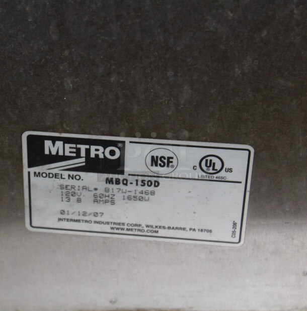 SUPER! Metro Model MBQ-150D Commercial Stainless Steel Heated Holding/Banquet Cabinet With 150 Plate Capacity On Commercial Casters. 65x29x61. 120V/60Hz. Working When Closed! Timer Does Not Come On. Buyer Must Remove! - Image 8 of 8