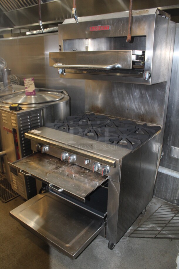AMAZING! Blodgett Commercial Stainless Steel 6 Burner Natural Gas Range With Oven and Salamander/Broiler On Commercial Casters. 36x38x74. Working When Closed! Buyer Must Remove.  - Image 4 of 5
