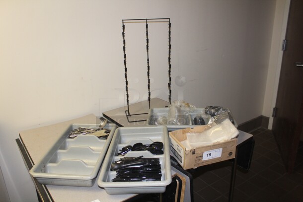 ALL ONE MONEY! Silverware Caddies, Plastic Lids And Silverware, Chip Display Rack.  - Image 1 of 5