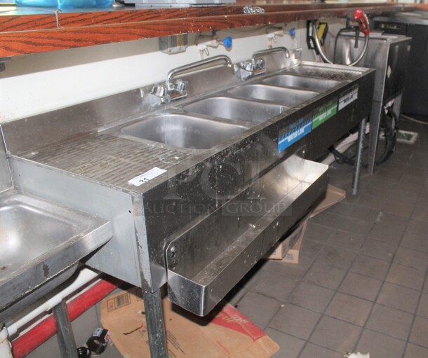 FANTASTIC! Krowne Model 18-54C Commercial Stainless Steel 4 Compartment Underbar Sink With Drainboards,Two Faucets And Speedrail. 72x18x32. Buyer Must Remove!